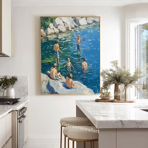 Vintage Summer Lake Scene Canvas Boys Swimming Oil Painting Large Blue ...