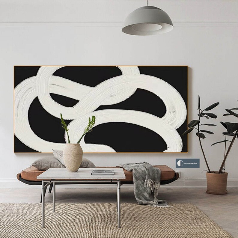 Large Wall Art Black and White Minimalist Painting on Canvas Etsy