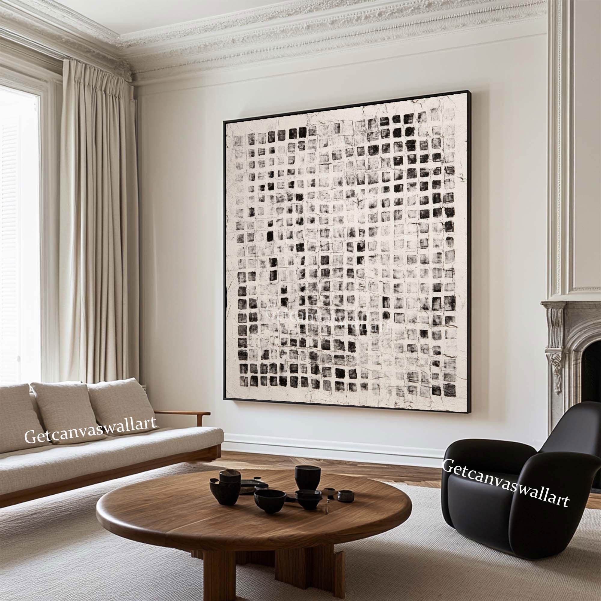Large Square Abstract Canvas Art Beige & Black Textured Minimalist ...