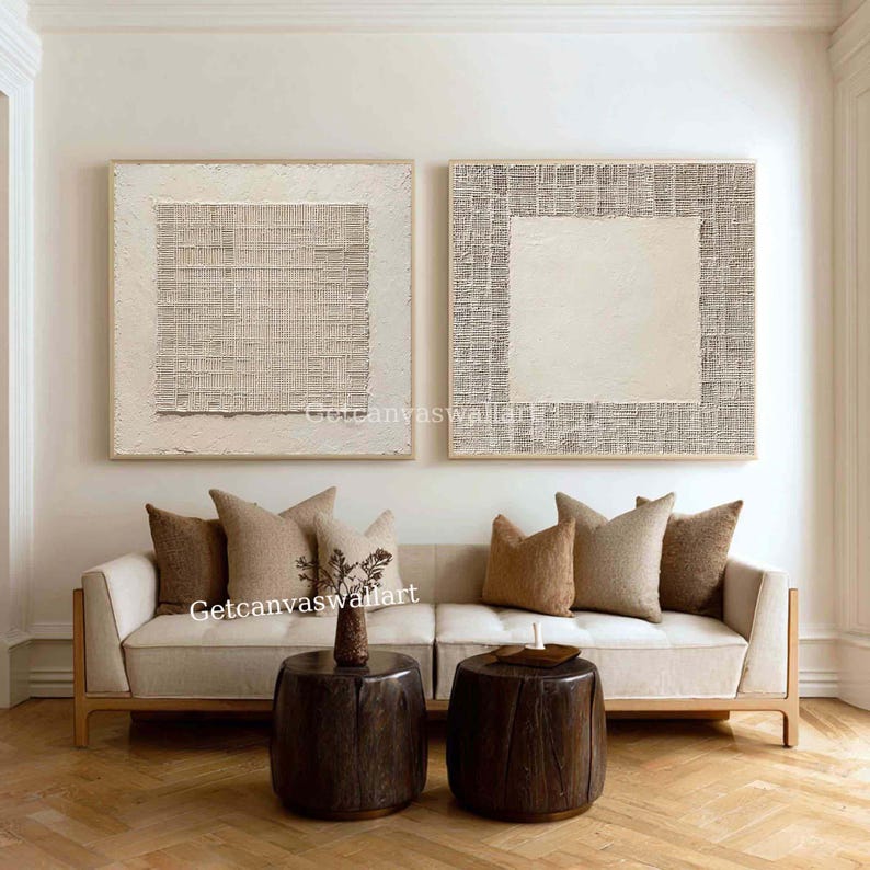 Large Beige Textured Wall Art Set of 2 Minimalist Abstract Painting ...