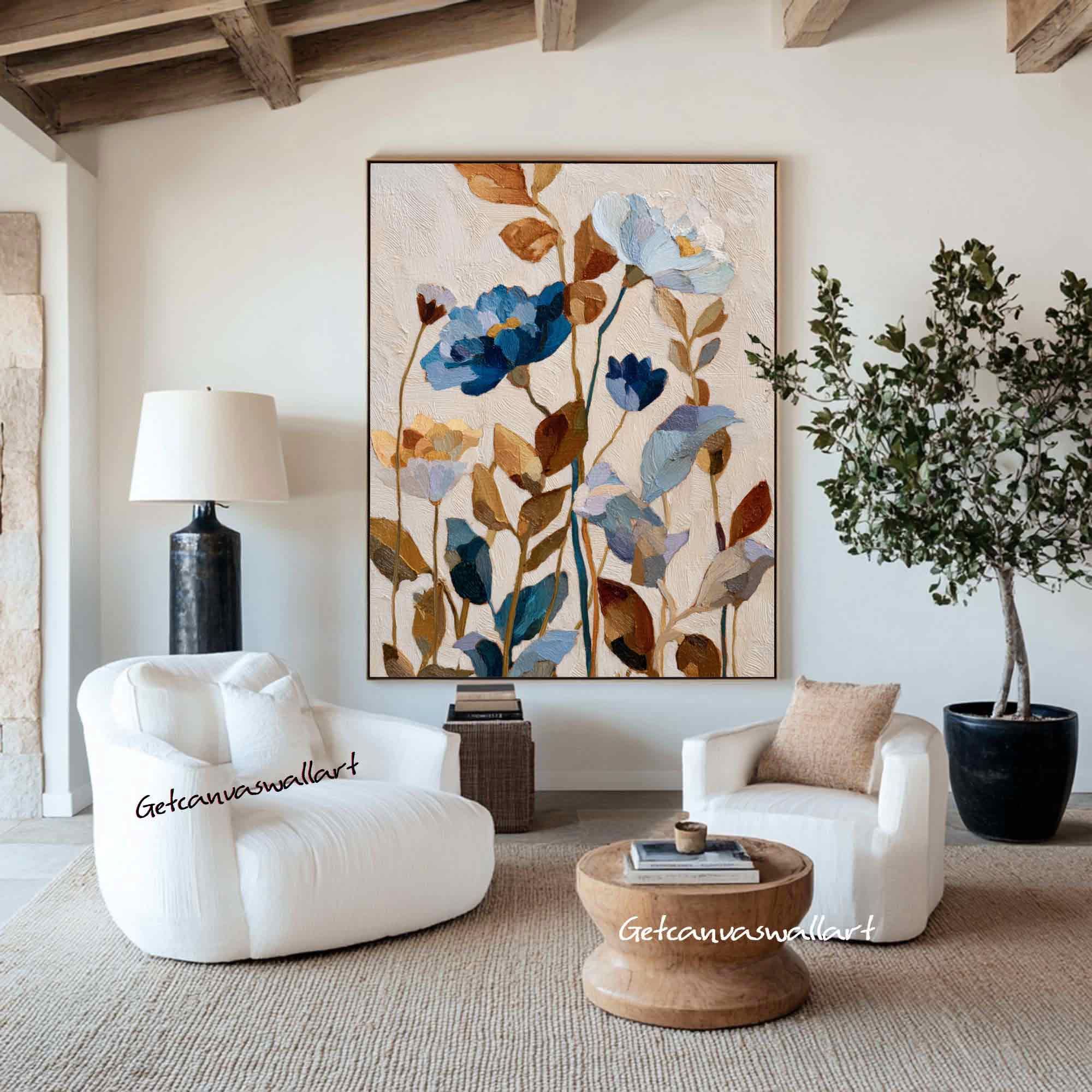 Large Beige & Blue Abstract Floral Oil Painting: Boho Wabi Sabi Wall Art