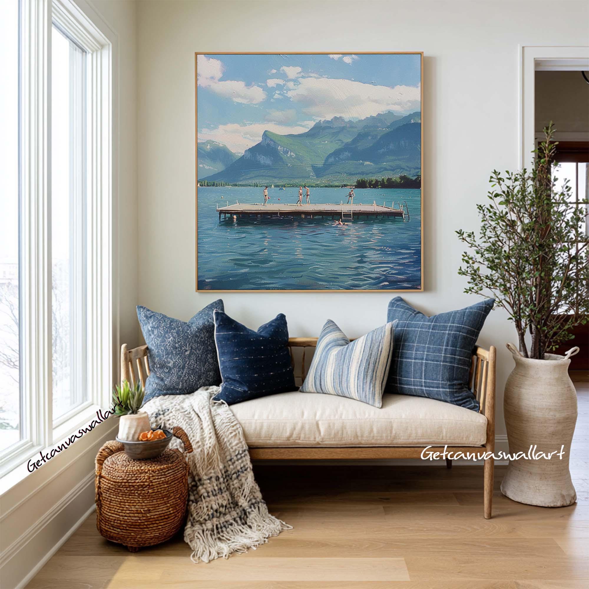 Blue Abstract Landscape Oil Painting Vintage Lake Scene Canvas Art ...