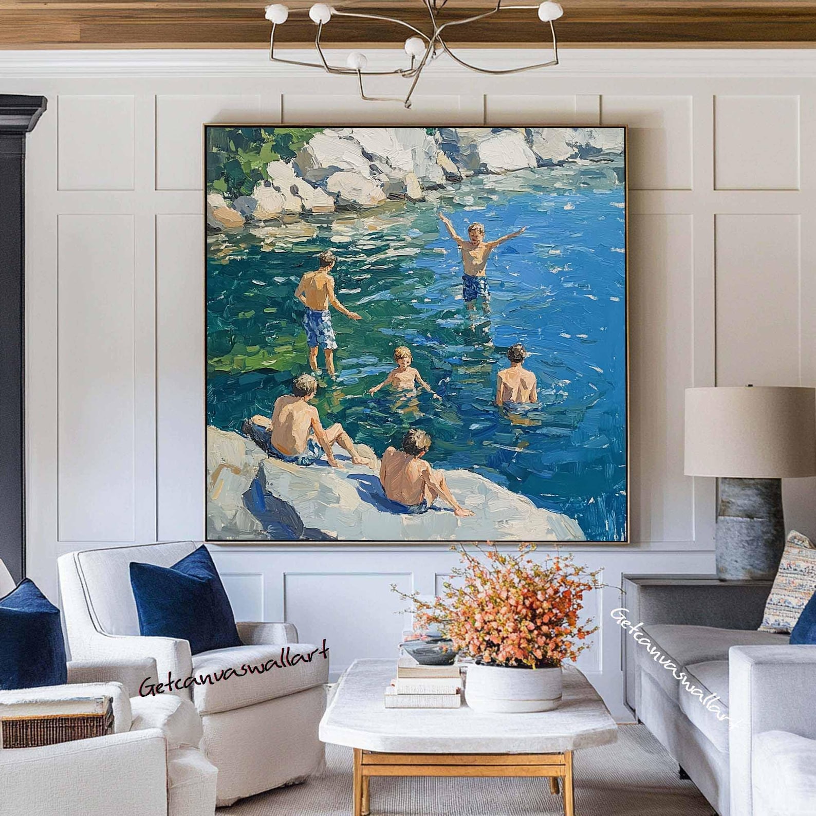 Vintage Summer Lake Scene Canvas Boys Swimming Oil Painting Large Blue ...