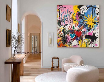 大きなグラフィティ抽象キャンバスアート、鮮やかなモダンな質感の絵画
