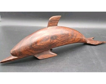Vintage Stunning MCM Hand Carved Polished Wood Dolphin Figurine Art Sculpture 13 1/2" heavy