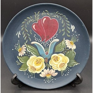 Vintage OOAK Handpainted Norwegian Rosemaling Folk Style Wooden Plate Blue 9&quot;