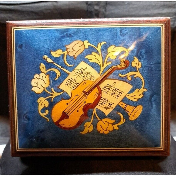 Vtg Romance Swiss Music Box Blue Inlaid Wood Frühlingslied Violin Sheet Music