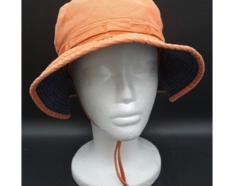 Vtg 90s Dorfman Pacific Co Orange Cotton Boonie Bucket Hat w/Chin Strap LRG HTF