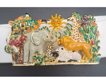Vintage OOAK '94 Mimi Di N Gold Tone Enamel Painted Belt Buckle Jungle Elephant Giraffe Lion Zebra monkey birds frog butterfly ladybug
