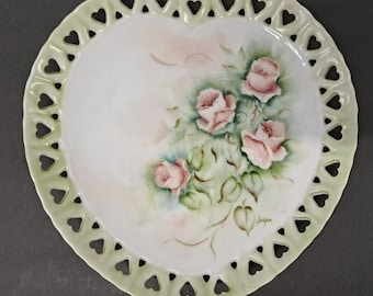 Vintage HAND PAINTED Pink Roses on Heart Shaped w/Heart Lace Edged Plate 1980s Prop