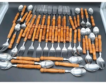 Vintage MCM Lot of 51 Wood Handle Flatware Stainless Made In Taiwan