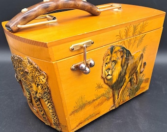 Vintage OOAK BOHO Wood Handbag Purse w 3D Decoupaged w Handpainted Accents Lion Tiger Leopard  Retro MCM