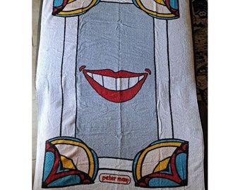 Vtg Mid Century retro 60-70s Peter Max smiling face psychedelic fabric towel HTF