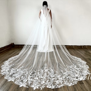 Bridal Flower Lace Veil,Wedding Leaf Lace Veil,1 Layer Veil,Lace Cathedral Veil,Boho Veil,Floral Leaves Lace Veil,Ivory Chapel Veil