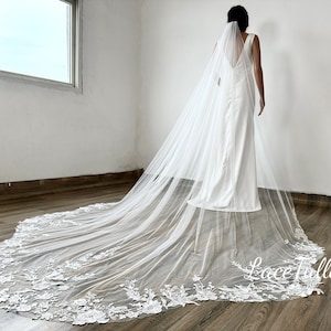 Flower Lace Wedding Veil,Bridal Lace Veil,Long Cathedral Veil,Floor Length Veil,Ivory/White Veil,Sequin Lace Wedding Veil,Comb Veil