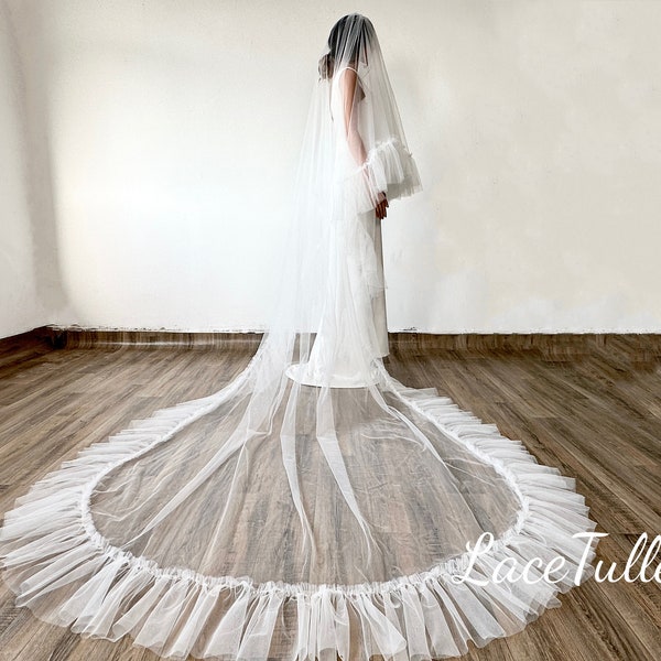 2 layer ruffled bridal veil|frill tulle veil|cathedral veil|bridal veil|wedding veil|veil|Wedding Gifts