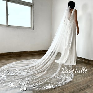 Floral Lace Wedding Veil,Bridal lace Veil,Cathedral Veil,Single Layer Veil, Royal Veil,White Veil,Tulle VeilSoft Veil,Boho Veil,Wedding Veil