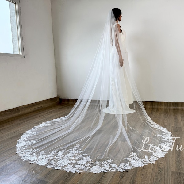 Embroidered Flower Lace Cathedral Wedding Veil