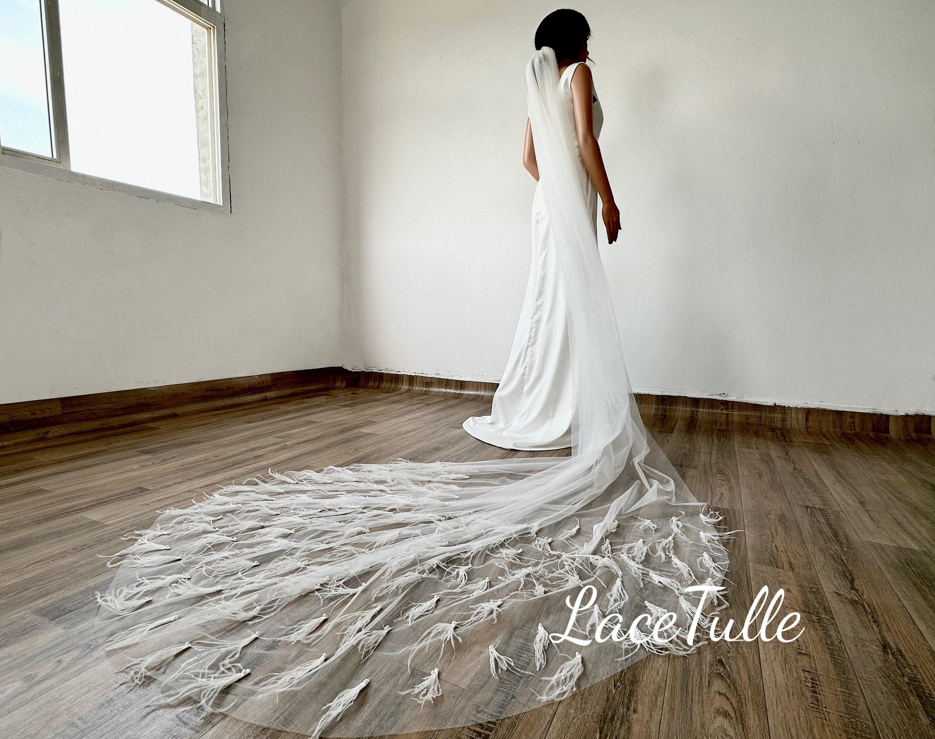 Bridal Feather Veil|cathedral Veil|wedding Veil|bridal Veil  display picture 3
