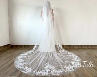 Floral Bridal Lace Veil,Lace Edge Wedding Veil,Long Veil,Ivory Veil,Classic Veil,Cathedral Veil,Tulle Veil,Bridal Accessories