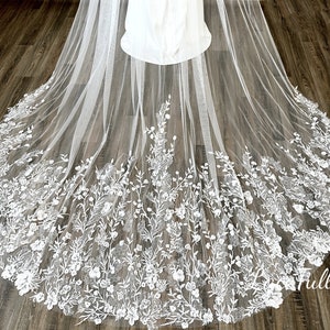 Floral Lace Wedding Veil, Leaf Lace Veil, Lace Tulle Veil, Bridal Royal Veil, Veil with Comb, Single Layer Veil, Ivory Wedding Veil