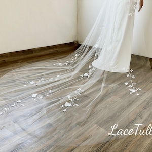 Embroidered Floral Lace Bridal Veil, Tulle Wedding Veil, Floor Length Veil, Bridal Cathedral Veil, White Lace Veil