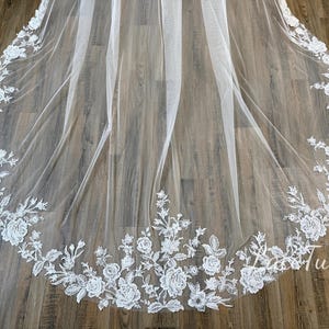 Wedding Floral Lace Veil,Sequin Floral Veil,Bridal Lace Veil,Gorgeous Long Veil,Ivory Tulle Veil,Cathedral Veil,Floor Length Veil