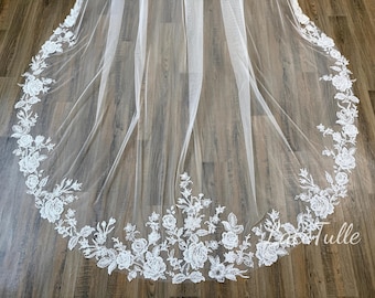 Wedding Floral Lace Veil,Sequin Floral Veil,Bridal Lace Veil,Gorgeous Long Veil,Ivory Tulle Veil,Cathedral Veil,Floor Length Veil