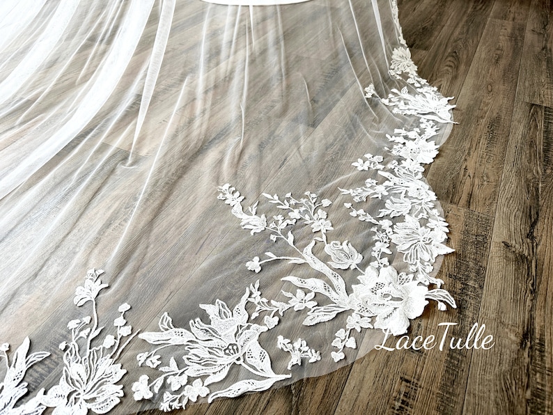 Bridal Flowers Lace Veil,Lace Edge Veil,Lace Wedding Veil,Long Veil,Cathedral Veil,Soft Tulle Veil,Wedding Veil,Wedding Accessory image 4