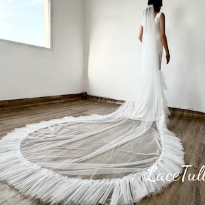 1 layer ruffled bridal veil|frill tulle veil|cathedral veil|bridal veil|wedding veil|veil