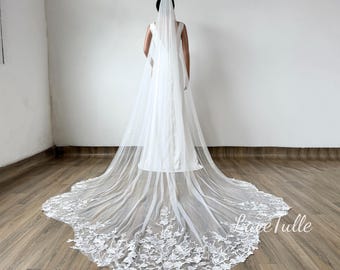 One Tier Cathedral Veil,Floral Lace Bridal Veil,White Wedding Veil,Embroidered Flower Veil,Lace Veil,Long Veil,Unique Veil,Tulle Veil