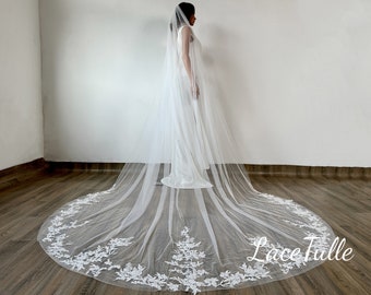 Soft Floral Lace Bridal Veil,Beaded Veil,Sequin Veil,White Veil, Cathedral Veil,Floral Lace Long Veil,Bridal Accessories,Royal Wedding Veil
