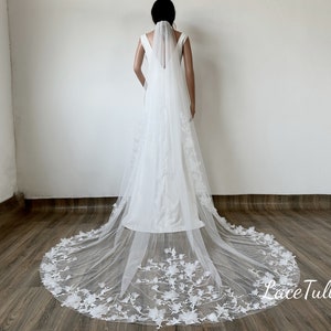 Bridal Floral Lace Veil, White Lace Bridal Veil, Cathedral Lace Veil, 3D Floral Lace Veil,Lace Applique Veil, Single Layer Veil