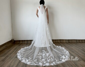 Bridal Floral Lace Veil, White Lace Bridal Veil, Cathedral Lace Veil, 3D Floral Lace Veil,Lace Applique Veil, Single Layer Veil