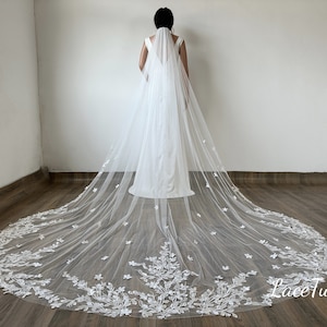 Single layer wedding floral lace veil, lace bridal veil, long cathedral lace veil, 3D floral lace veil, royal bridal veil, floor length veil