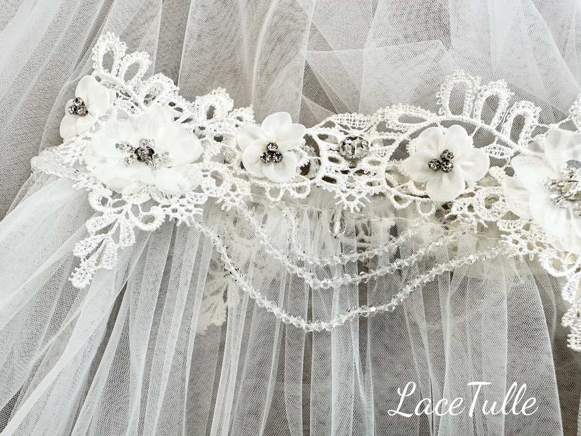 Beaded Neck Royal Length Bridal Cape Veil Wedding Separates