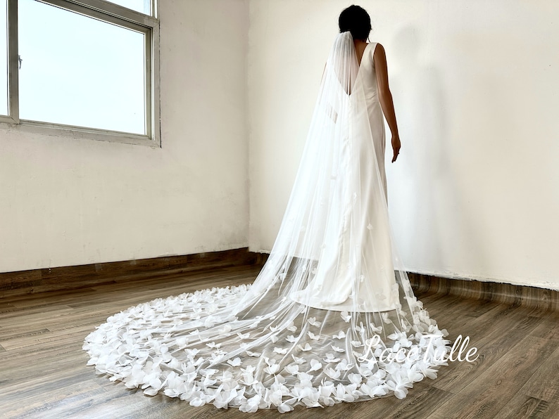 Velo de encaje con flores 3D, velo de novia con flores, velo de encaje, velo largo, velo de novia real, velo de tul suave, regalo de boda