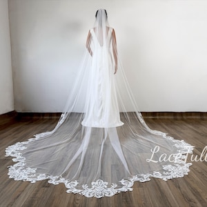 Simple Tulle Veil,Bridal Lace Veil,Floral Lace Veil,Lace Edge Veil,Ivory Long Veil,Cathedral Veil,Soft Wedding Veil,1 Tier Veil