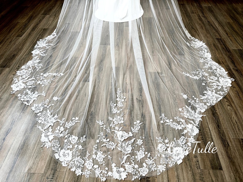 Bridal Flowers Lace Veil,Lace Edge Veil,Lace Wedding Veil,Long Veil,Cathedral Veil,Soft Tulle Veil,Wedding Veil,Wedding Accessory image 1