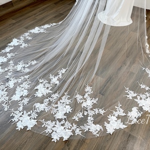 Lace Flower Bridal Veil,Wedding Lace Veil,Cathedral Veil,Long Veil,Royal Wedding Veil,White Veil,Lace Trimmed Veil,Bridal Veil