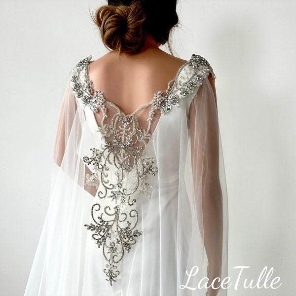 Back rhinestone appliqué bridal shawl veil|Bridal Shoulder Veil|boho wedding cape|Bridal veils cathedral |veil|cape|wedding accessories