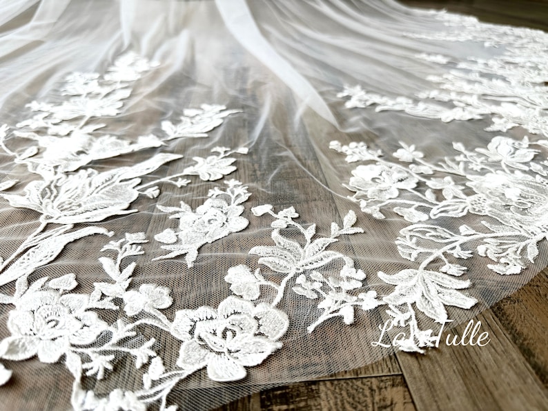 Bridal Flowers Lace Veil,Lace Edge Veil,Lace Wedding Veil,Long Veil,Cathedral Veil,Soft Tulle Veil,Wedding Veil,Wedding Accessory image 6