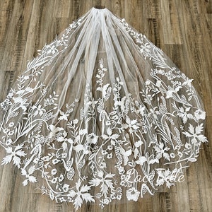Flower Lace Wedding Veil, Fingertip Veil, Ivory Wedding Veil, Cathedral Veil, Bridal Veil, 1 Tier Veil, Comb Veil