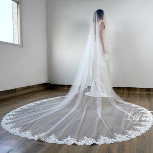 Floral Lace Cathedral Wedding Veil - Two Tier Tulle Bridal Veil