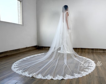 Floral Lace Cathedral Wedding Veil - Two Tier Tulle Bridal Veil