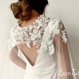 Floral wedding shawl|lace applique cape veil|wedding cape|modern veil|bridal cape veil|cathedral cape veil|cape veil