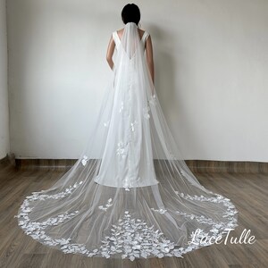 3D Floral Lace Wedding Veil,Pearl Lace Bridal Veil,Cathedral Lace Veil, Royal Bridal Veil,Embroidered Floral Lace Veil,Vintage Veil