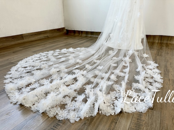 3D Floral Wedding Veil - Color: Ivory, Size: 350cm x 300cm 3D Floral Cathedral Veil: Light Ivory Wedding Veil With  main image 4