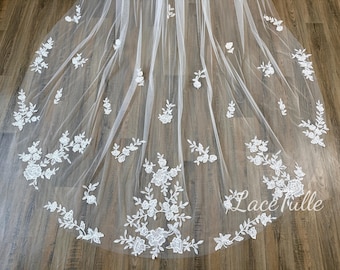 Beau voile de mariage floral, voile de longueur au sol, voile de paillettes, voile de tulle, voile ivoire, voile de mariage cathédrale, voile vintage