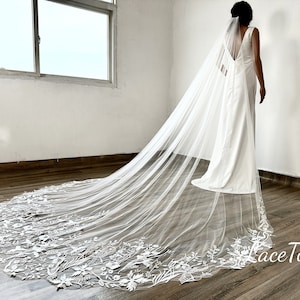 Vintage Cathedral Veil, Floral Lace Veil, Lace Wedding Veil, Bridal Royal Veil, Ivory Veil, Veil
